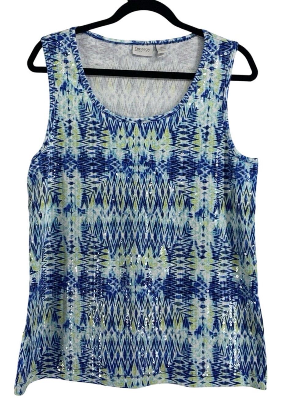 Zenergy By Chicos Womens 3 Sleeveless Blouse Sequin Blue Yellow White Ribbed